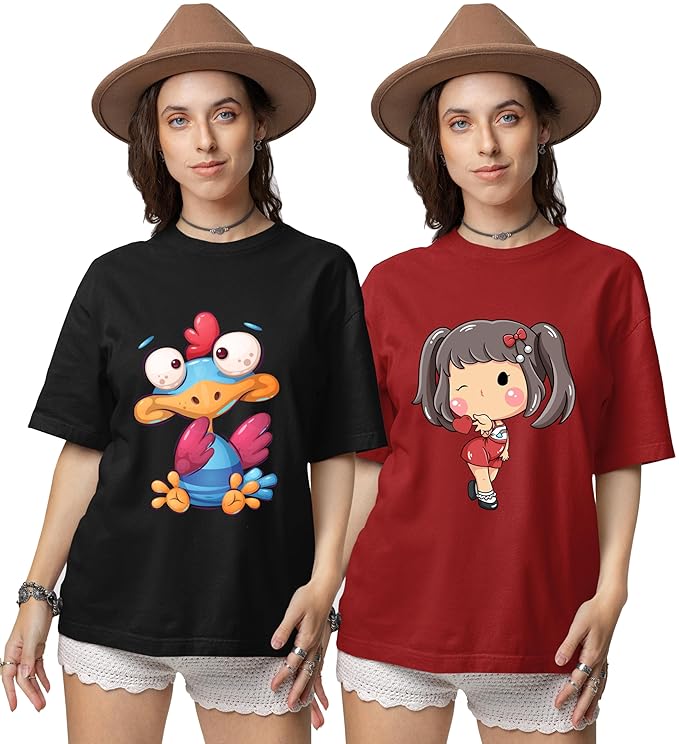 Reifica Pure Cotton Half Sleeve Loose Fit Oversized T Shirts for Women/Girls Combo Pack of 2